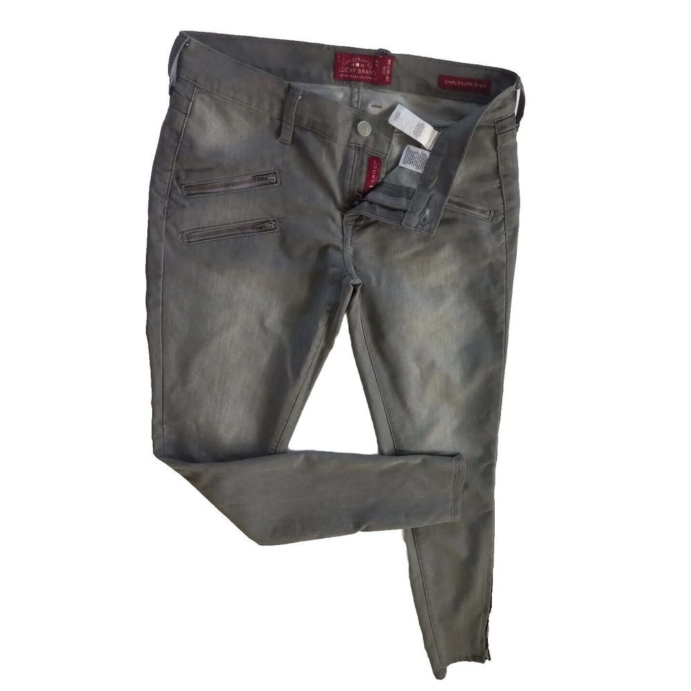 Lucky Brand Women 30 Denim Charlie Super Skinny Jeans Inseam 30in Gray Ankle Zip